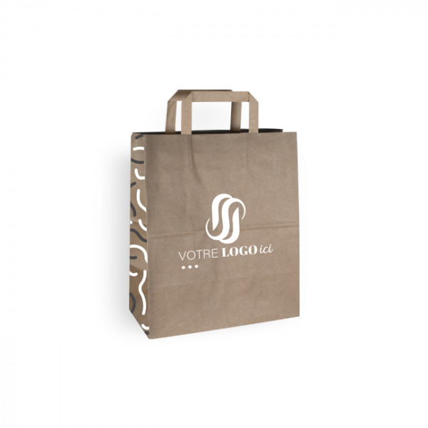 Sac cabas personnalisé en papier kraft 26 + 14 x 30 cm - Poignées plates - Impression jusqu'à 3 couleurs