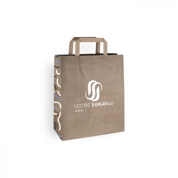 Sac cabas personnalisé en papier kraft 26 + 14 x 30 cm - Poignées plates - Impression jusqu'à 3 couleurs