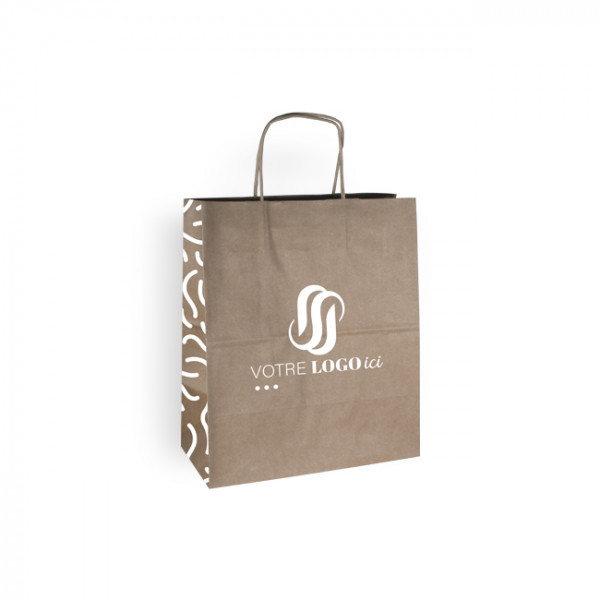 Sac cabas personnalisé en papier kraft 26 + 14 x 30 cm - Poignées torsadées - Impression jusqu'à 3 couleurs