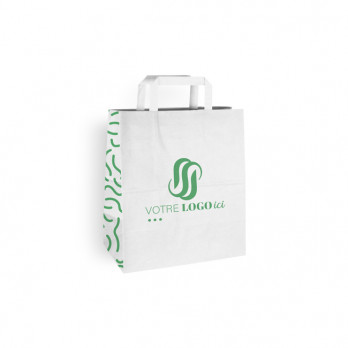 Sac cabas personnalisé en papier blanc 26 + 17 x 28 cm - Poignées plates - Impression jusqu'à 3 couleurs