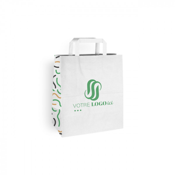 Sac cabas personnalisé en papier blanc 26 + 17 x 28 cm - Poignées plates - Impression jusqu'à 3 couleurs