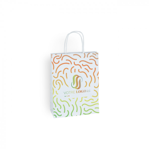 Sac cabas personnalisé en papier blanc 18 + 8 x 24 cm -Poignées torsadées - Impression 1 couleur ou quadrichromie