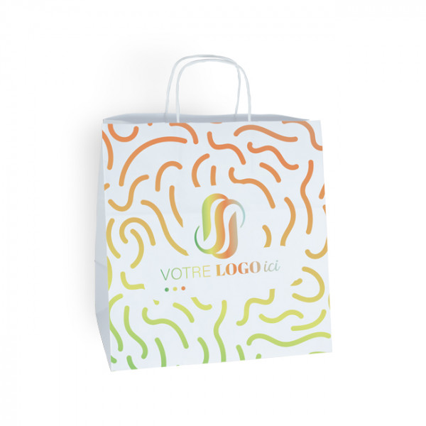 Sac cabas personnalisé en papier blanc 31 + 20 x 32 cm -Poignées torsadées - Impression 1 couleur ou quadrichromie