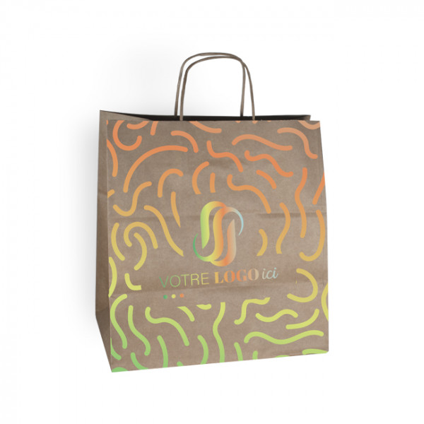 Sac cabas personnalisé en papier kraft 31 + 20 x 32 cm -Poignées torsadées - Impression 1 couleur ou quadrichromie