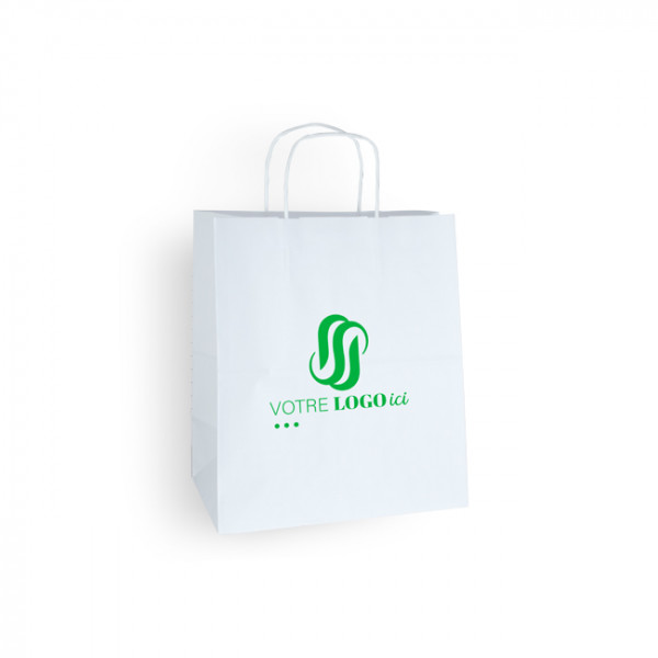 Sac cabas personnalisé en papier blanc 27 + 16 x 31 cm -Poignées torsadées - Impression 1 couleur ou quadrichromie