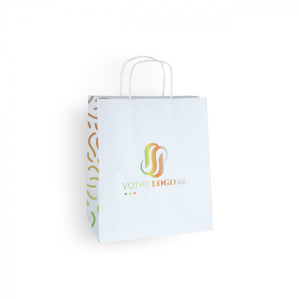 Sac cabas personnalisé en papier blanc 27 + 16 x 31 cm -Poignées torsadées - Impression 1 couleur ou quadrichromie