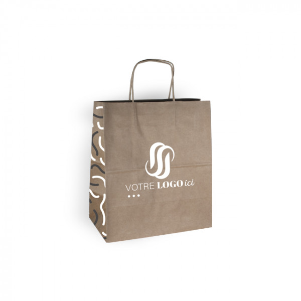 Sac cabas personnalisé en papier kraft 26 + 17 x 28 cm - Poignées torsadées - Impression jusqu'à 3 couleurs