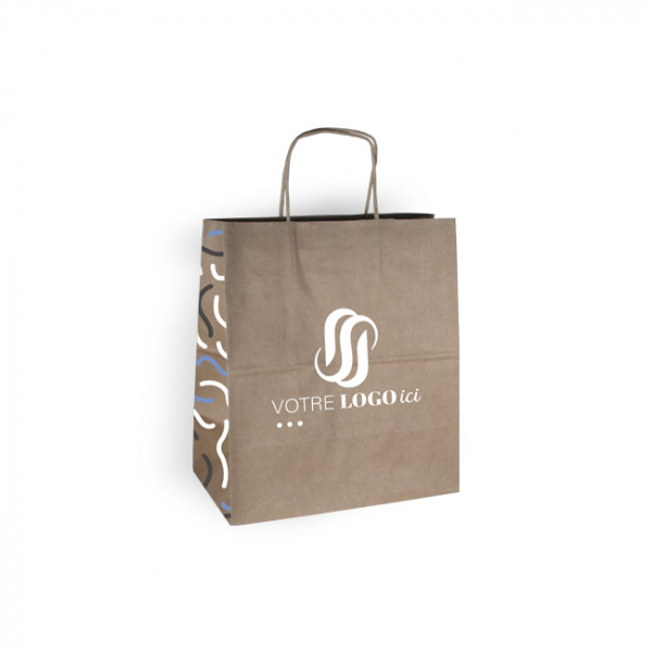 Sac cabas personnalisé en papier kraft 26 + 17 x 28 cm - Poignées torsadées - Impression jusqu'à 3 couleurs