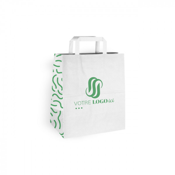 Sac cabas personnalisé en papier blanc 26 + 20 x 30 cm - Poignées plates - Impression jusqu'à 3 couleurs