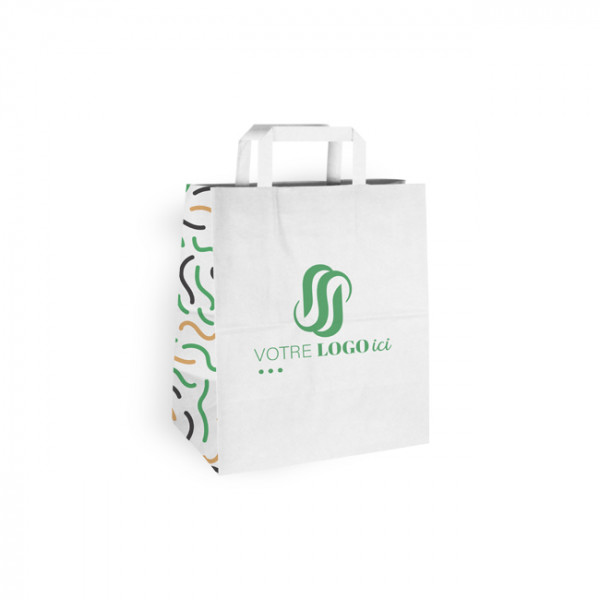 Sac cabas personnalisé en papier blanc 26 + 20 x 30 cm - Poignées plates - Impression jusqu'à 3 couleurs