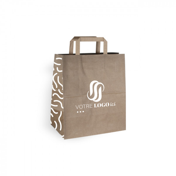 Sac cabas personnalisé en papier kraft 26 + 20 x 30 cm - Poignées plates - Impression jusqu'à 3 couleurs
