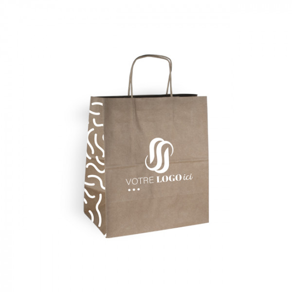 Sac cabas personnalisé en papier kraft 26 + 20 x 30 cm - Poignées torsadées - Impression jusqu'à 3 couleurs