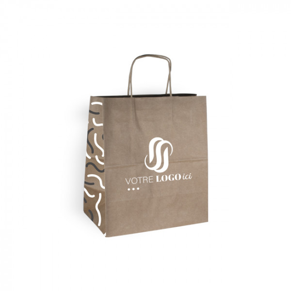 Sac cabas personnalisé en papier kraft 26 + 20 x 30 cm - Poignées torsadées - Impression jusqu'à 3 couleurs