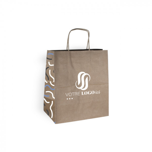 Sac cabas personnalisé en papier kraft 26 + 20 x 30 cm - Poignées torsadées - Impression jusqu'à 3 couleurs