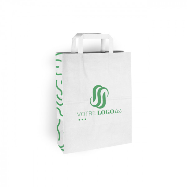Sac cabas personnalisé en papier blanc 26 + 10 x 35 cm - Poignées plates - Impression jusqu'à 3 couleurs