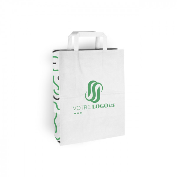 Sac cabas personnalisé en papier blanc 26 + 10 x 35 cm - Poignées plates - Impression jusqu'à 3 couleurs