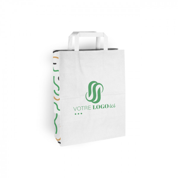 Sac cabas personnalisé en papier blanc 26 + 10 x 35 cm - Poignées plates - Impression jusqu'à 3 couleurs
