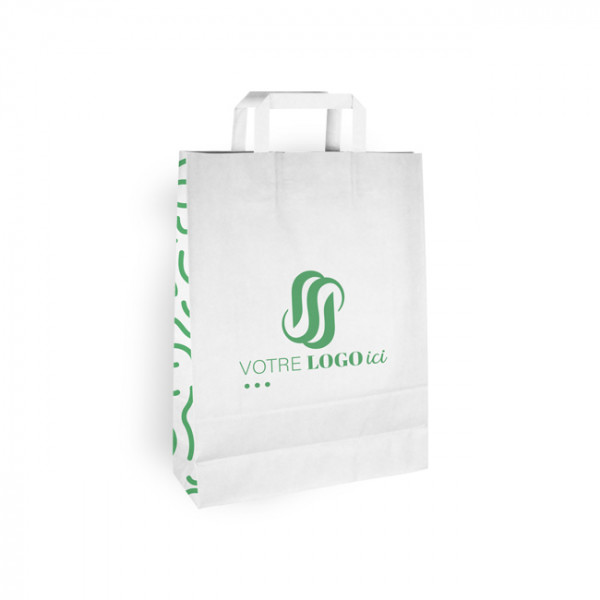 Sac cabas personnalisé en papier blanc 32 + 12 x 41 cm - Poignées plates - Impression jusqu'à 3 couleurs