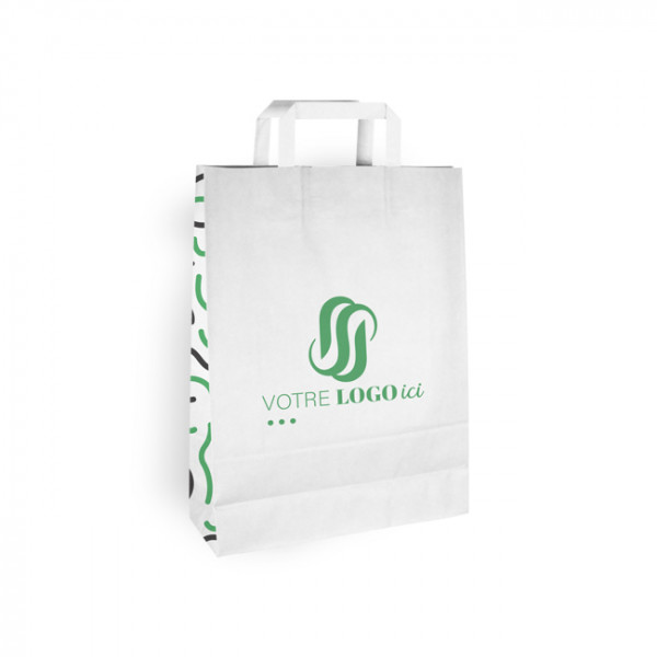 Sac cabas personnalisé en papier blanc 32 + 12 x 41 cm - Poignées plates - Impression jusqu'à 3 couleurs