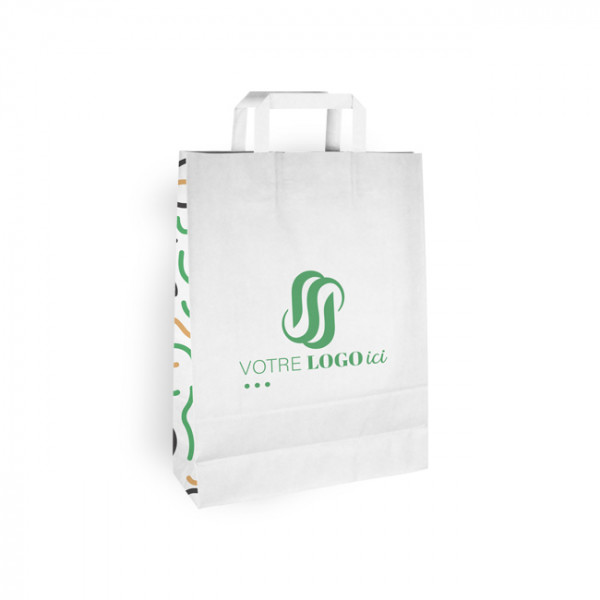 Sac cabas personnalisé en papier blanc 32 + 12 x 41 cm - Poignées plates - Impression jusqu'à 3 couleurs