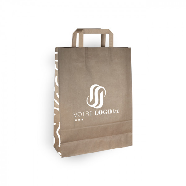 Sac cabas personnalisé en papier kraft 32 + 12 x 41 cm - Poignées plates - Impression jusqu'à 3 couleurs