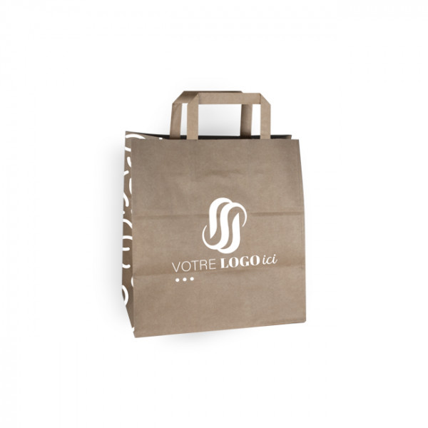 Sac cabas personnalisé en papier kraft 32 + 22 x 29 cm - Poignées plates - Impression jusqu'à 3 couleurs
