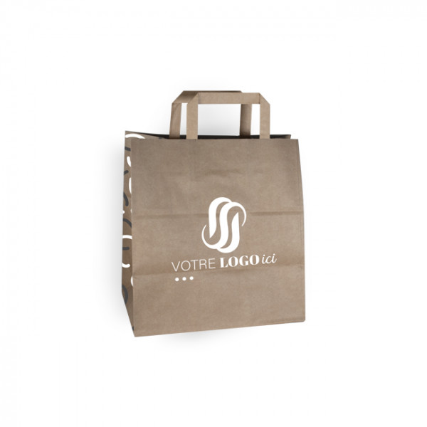 Sac cabas personnalisé en papier kraft 32 + 22 x 29 cm - Poignées plates - Impression jusqu'à 3 couleurs