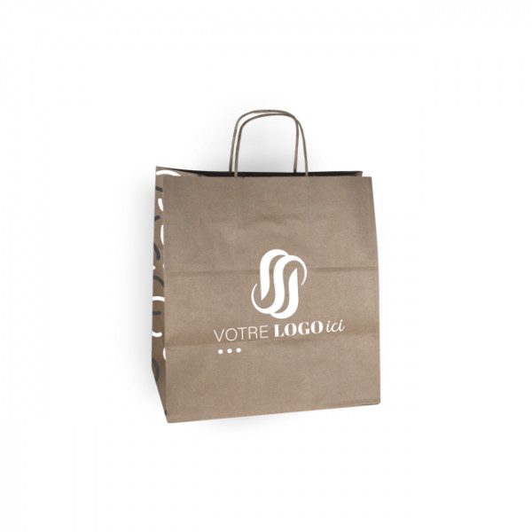 Sac cabas personnalisé en papier kraft 32 + 22 x 29 cm -Poignées torsadées - Impression jusqu'à 3 couleurs