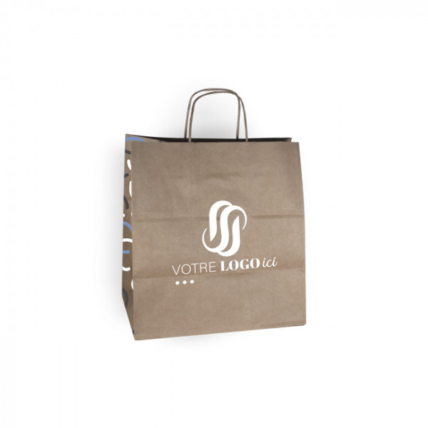Sac cabas personnalisé en papier kraft 32 + 22 x 29 cm -Poignées torsadées - Impression jusqu'à 3 couleurs