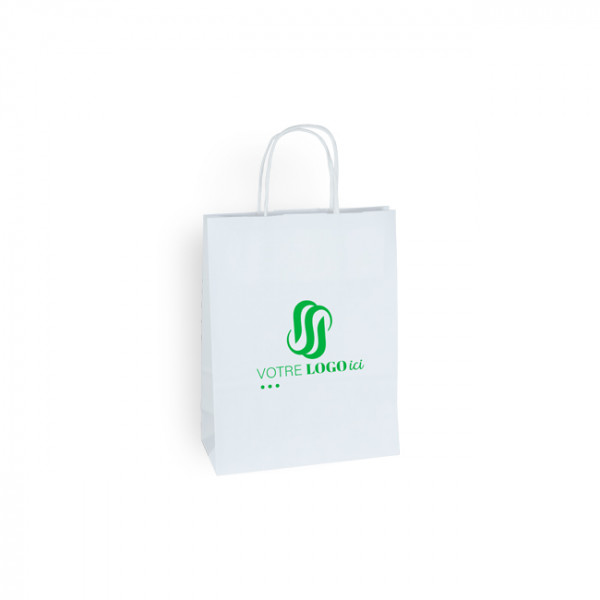 Sac cabas personnalisé en papier blanc 18 + 8 x 24 cm -Poignées torsadées - Impression 1 couleur ou quadrichromie