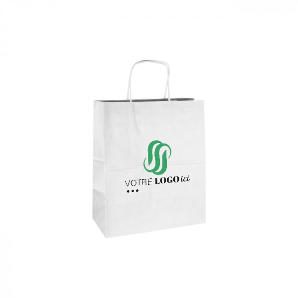 Sac cabas personnalisé en papier blanc 26 + 14 x 30 cm - Poignées torsadées - Impression jusqu'à 3 couleurs