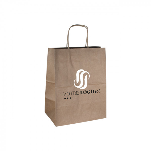 Sac cabas personnalisé en papier kraft 26 + 20 x 30 cm - Poignées torsadées - Impression jusqu'à 3 couleurs