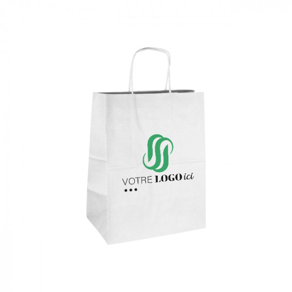 Sac cabas personnalisé en papier blanc 26 + 20 x 30 cm - Poignées torsadées - Impression jusqu'à 3 couleurs