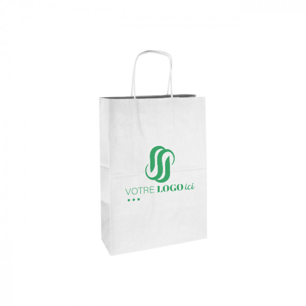 Sac cabas personnalisé en papier blanc 26 + 10 x 35 cm - Poignées torsadées - Impression jusqu'à 3 couleurs