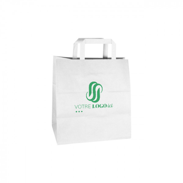 Sac cabas personnalisé en papier blanc 32 + 22 x 29 cm - Poignées plates - Impression jusqu'à 3 couleurs