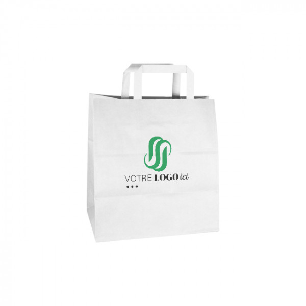 Sac cabas personnalisé en papier blanc 32 + 22 x 29 cm - Poignées plates - Impression jusqu'à 3 couleurs