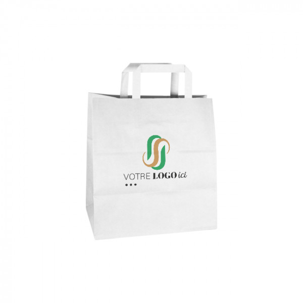 Sac cabas personnalisé en papier blanc 32 + 22 x 29 cm - Poignées plates - Impression jusqu'à 3 couleurs
