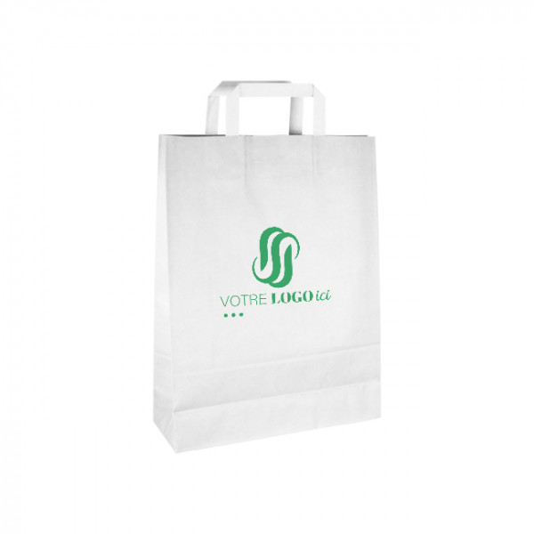 Sac cabas personnalisé en papier blanc 32 + 12 x 41 cm - Poignées plates - Impression jusqu'à 3 couleurs