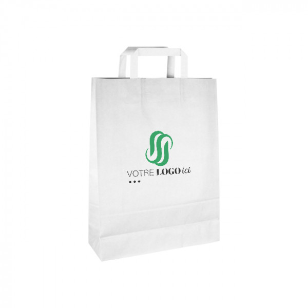 Sac cabas personnalisé en papier blanc 32 + 12 x 41 cm - Poignées plates - Impression jusqu'à 3 couleurs
