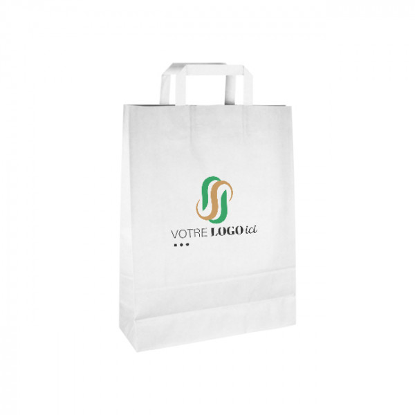 Sac cabas personnalisé en papier blanc 32 + 12 x 41 cm - Poignées plates - Impression jusqu'à 3 couleurs