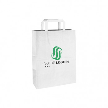 Sac cabas personnalisé en papier blanc 26 + 20 x 28 cm - Poignées plates - Impression jusqu'à 3 couleurs