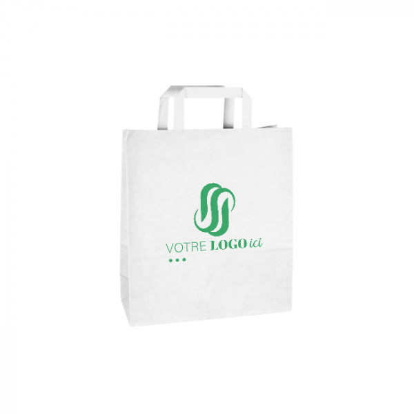 Sac cabas personnalisé en papier blanc 24 + 10 x 32 cm - Poignées plates - Impression jusqu'à 3 couleurs