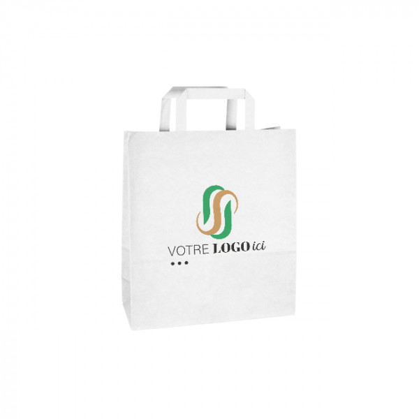 Sac cabas personnalisé en papier blanc 24 + 10 x 32 cm - Poignées plates - Impression jusqu'à 3 couleurs